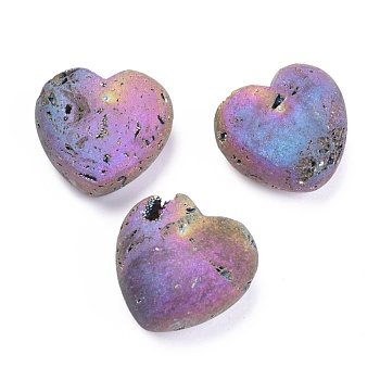 Electroplate Natural Druzy Agate Heart Love Stone, Pocket Palm Stone for Reiki Balancing, Multi-color Plated, 37.5~39.5x40~40.5x20~22.5mm
