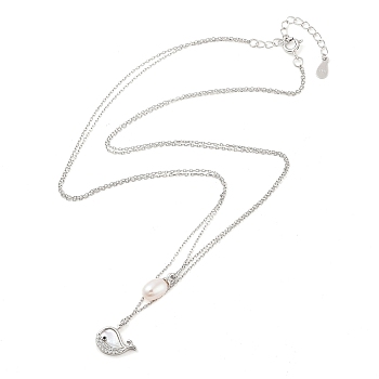 925 Sterling Silver with Shell Necklaces, Double Layer Necklaces, Pearl and Cubic Zirconia Pendant Necklaces, Dolphin, Platinum, 15.55 inch(39.5cm)