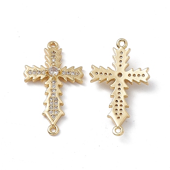 Rack Plating Brass Micro Pave Clear Cubic Zirconia Connector Charms, Lead Free & Cadmium Free, Religion Cross Links, Real 18K Gold Plated, 30x17x4.4mm, Hole: 1.2mm