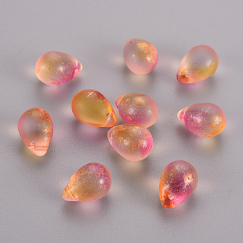 Two Tone Transparent Spray Painted Glass Charms, with Gold Foil, Frosted, Teardrop, Dark Orange, 14x10x10mm, Hole: 1mm