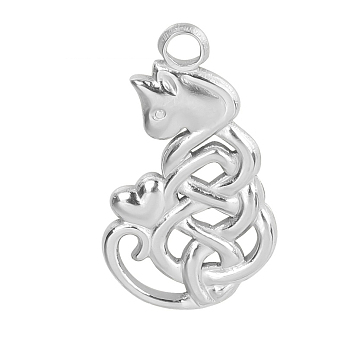 201 Stainless Steel Pendants, Cat with Heart Charm, Stainless Steel Color, 23x14x3mm, Hole: 2mm