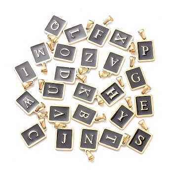 304 Stainless Steel Pendants, with Enamel, Real 18K Gold Plated, Rectangle with Letter Charm, Black, 17.5x12x1.5mm, Hole: 5x3mm, about 26pcs/set