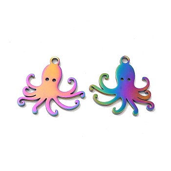 Ion Plating(IP) 304 Stainless Steel Pendants, Octopus Charm, Rainbow Color, 19x20x1.5mm, Hole: 1.8mm