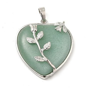 Heart Natural Green Aventurine Pendants, with Platinum Plated Brass Pendant Settings, 36x31~33mm, Hole: 6mm