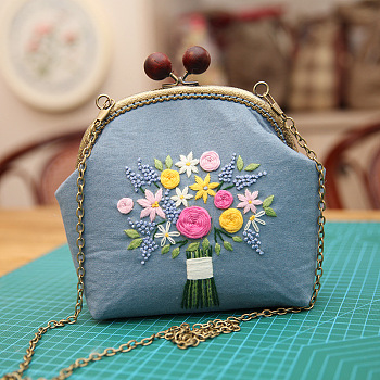 DIY Wood Bead Kiss Lock Coin Purse Embroidery Kit, Including Embroidered Fabric, Embroidery Needles & Thread, Metal Purse Handle, Flower Pattern, Light Steel Blue, 210x165x40mm