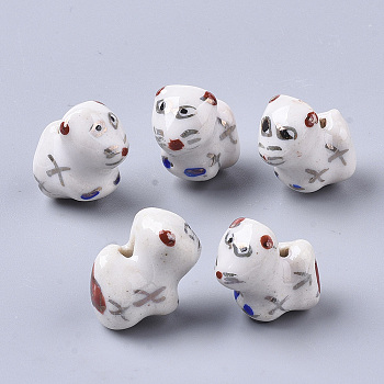 Handmade Porcelain Beads, Ornamental with Gold, Mouse, Brown, 15.5x16.5~18x10.5~11.5mm, Hole: 1.8mm
