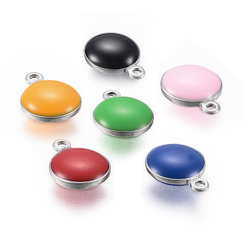 304 Stainless Steel Charms, with Enamel, Enamelled Sequins, Flat Round, Stainless Steel Color, Mixed Color, 8.5x6x3mm, Hole: 1mm