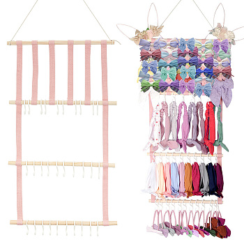 Wood Hair Clips Headband Wall-mounted Organizer Rack, Wall Hanging Storage Hair Bows Holder, with Pink Soft Ribbons and 30Pcs Plastic White Hooks, for Girls Room, Home Decoration, Wheat, 30.6~678x15~24x1.7~14mm