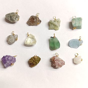 12Pcs 12 Styles Rough Raw Natural Mixed Gemstone Pendants, with Golden Tone Copper Jewelry Wire Wrapped, Nuggets & Teardrop Charms, 10~25x9~15x4~11mm, Hole: 3mm, 12style, 1pc/style, 12pcs/set