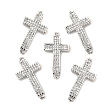 Brass Micro Pave Clear Cubic Zirconia Connector Charms, Religion Cross Links, Platinum, 25.5x13.5x2mm, Hole: 1mm