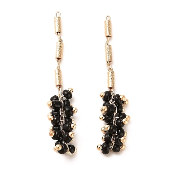 Rack Plating Brass Column Glass Seed Beads Links Connector Charms, Real 18K Gold Plated, Black, 39mm, Hole: 2x0.6mm