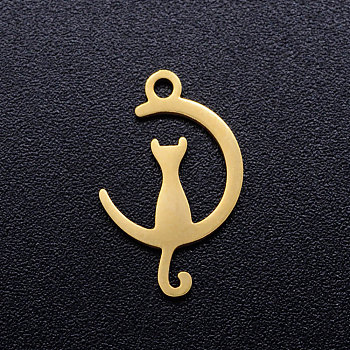 Ion Plating(IP) 304 Stainless Steel Kitten Pendants, Laser Cut, Cat on the Crescent Moon Shape, Golden, 17.5x11x1mm, Hole: 1.5mm