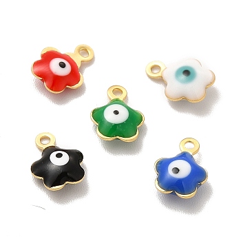 304 Stainless Steel Enamel Charms, Flower with Evil Eye Charm, Golden, Mixed Color, 8.5x6.5x2.5mm, Hole: 1mm