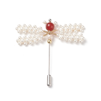 Shell Pearl & Carnelian Braided Dragonfly Lapel Pin, Copper Wire Wrapped Safety Brooch Pin for Suit Tuxedo Corsage Accessories, Red, 63x62x8mm