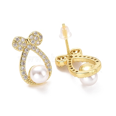 Clear Cubic Zirconia Bowknot with Plastic Pearl Stud Earrings(EJEW-A072-09LG)-2