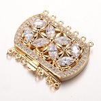 Brass Cubic Zirconia Box Clasps, Cadmium Free & Nickel Free & Lead Free, Rectangle, Golden, 34x43x12mm, Hole: 1.5mm(ZIRC-O020-08G-NR)