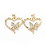 Brass Cubic Zirconia Pendants, Cadmium Free & Lead Free, Heart with Butterfly Charms, Golden, 21.5x22x3mm, Hole: 3x5mm(ZIRC-I062-09G)