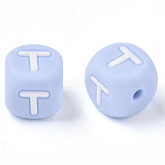 Food Grade Eco-Friendly Silicone Beads, Horizontal Hole, Chewing Beads For Teethers, DIY Nursing Necklaces Making, Letter Style, Cube, Light Sky Blue, Letter.T, 10x10x10mm, Hole: 2mm(SIL-R011-10mm-02T)