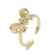 Brass Micro Pave Cubic Zirconia Open Cuff Ring, Bowknot, Real 16K Gold Plated, US Size 7 1/2(17.5mm)(RJEW-K256-58F-G)