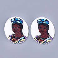 Printed Wooden Big Pendants, Dyed, Oval with Woman, Colorful, 63x50x2.5mm, Hole: 1.2mm(X-WOOD-S050-09K)