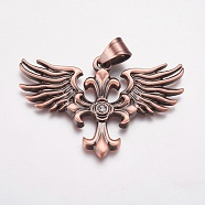 304 Stainless Steel Big Pendants, with Rhinestone, Wing with Cross, Crystal, Red Copper, 58x38x4mm, Hole: 7x9mm(STAS-P225-070R)