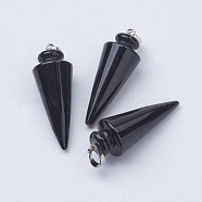 Natural Black Agate Pendants, with Platinum Tone Brass Findings, Cone/Spike/Pendulum, 43~45x16mm, Hole: 5x7mm(G-P236-09)