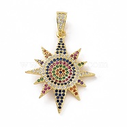 Brass Micro Pave Cubic Zirconia Pendants, Real 18K Gold Plated, Sun Charms, Colorful, 32.5x25x3mm, Hole: 5.5x3mm(KK-E068-VF002)