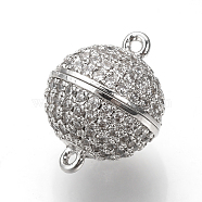 Brass Micro Pave Cubic Zirconia Magnetic Clasps with Loops, Round, Platinum, 16x12mm, Hole: 1mm(ZIRC-S058-04P-12mm)