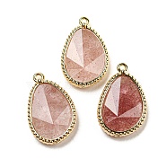 Natural Strawberry Quartz Faceted Pendants, Rack Plating Golden Plated Brass Teardrop Charms, 23x15x4~4.5mm, Hole: 1.4mm(G-M431-14G-03)