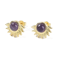 Natural Amethyst Stud Earrings, with Golden Tone Rack Plating Brass Findings, Sun, 14.6x10.9mm(EJEW-K288-01G-02)