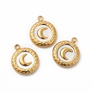 Natural White Shell Flat Round Charms, with Vacuum Plating 304 Stainless Steel Findings, Moon Pattern, Golden, 16x13x3mm, Hole: 1.8mm(STAS-A076-11G)