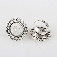 Vintage Adjustable Iron Flower Finger Ring Components Alloy Cabochon Bezel Settings, Cadmium Free & Lead Free, Antique Silver, Flat Round Tray: 16mm, 17mm(PALLOY-O036-02AS)