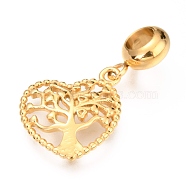 Ion Plating(IP) 304 Stainless Steel European Style Dangle Charms, Large Hole Pendants, Heart with Tree, Golden, 27mm, Hole: 4.5mm, Pendant: 17.5x15x3mm(OPDL-L013-52G)