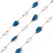 Natural Lapis Lazuli Nugget & Glass Imitation Pearl Beaded Chain, with Golden 304 Stainless Steel Satellite Chains, Unwelded, with Spool, 5~12x4~8x4~7mm, 6x5mm, 2.5x2mm, about 32.81 Feet(10m)/Roll(CHS-C006-02E)