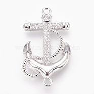 Brass Micro Pave Cubic Zirconia Links, Lead Free & Cadmium Free & Nickel Free, Long-Lasting Plated, Anchor, Clear, Platinum, 31x18x4mm, Hole: 1.5mm(ZIRC-E153-03P-NR)