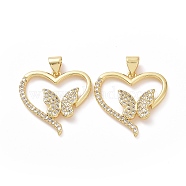 Brass Cubic Zirconia Pendants, Heart with Butterfly Charm, Golden, 21.5x22x3mm, Hole: 3x5mm(ZIRC-I062-09G)