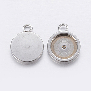 201 Stainless Steel Pendant Cabochon Settings, Flat Round, Stainless Steel Color, Tray: 10mm, 16x12x2mm, Hole: 2.5mm(STAS-P198-17-10mm)