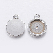 Tarnish Resistant 201 Stainless Steel Pendant Cabochon Settings, Flat Round, Stainless Steel Color, Tray: 10mm, 16x12x2mm, Hole: 2.5mm(STAS-P198-17-10mm)