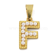 Ion Plating(IP) 304 Stainless Steel Pendants, with ABS Imitation Pearl, Letter F, 17x10.5x3.5mm, Hole: 6x3mm(STAS-U024-01F)