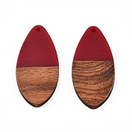 Opaque Resin & Walnut Wood Pendants, Teardrop Shape Charm, Dark Red, 38x18x3mm, Hole: 2mm(RESI-N025-032-B04)