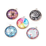 Glass Pendants, with 304 Stainless Steel Pendant Cabochon Setting, Flat Round, Rose Gold, 30x26x6mm, Hole: 2.3mm(PALLOY-JF01711-03)