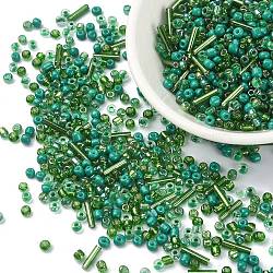 Opaque & Transparent Inside Colours Glass Seed Beads, Round Hole, Round & Tube, Green, 2~3x1.5~9mm, Hole: 0.8~1mm(SEED-YW0002-17F)