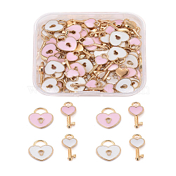 80Pcs 4 Style Alloy Enamel Charms, Heart Lock & Key, Pink and White, Light Gold, 13~16x7~11x1.5~2.5mm, Hole: 3x4mm & 1.8mm, 20pcs/Style(X1-ENAM-LS0001-11LG)