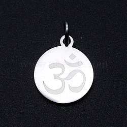 Chakra 201 Stainless Steel Charms, with Jump Rings, Flat Round with Om Symbol, Stainless Steel Color, 14.5x12x1mm, Hole: 3mm(STAS-T049-T680-1)