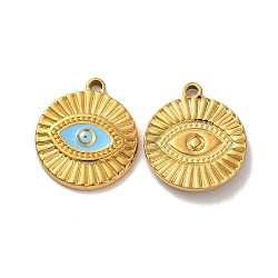 Ion Plating(IP) 304 Stainless Steel Enamel Pendants, Flat Round with Evil Eye Charm, Golden, 21x18.5x2.5mm, Hole: 2mm(STAS-Q001-29G)