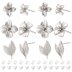 12Pcs 3 Style Brass Stud Earring Findings, with 925 Sterling Silver Pin and Vertical Loops, Flower & Leaf, with 30Pcs Plastic Ear Nuts, Platinum, 11~15x10~15mm, Hole: 0.9~2mm, Pin: 0.5~0.9mm, 4Pcs/style(KK-BC0010-21)