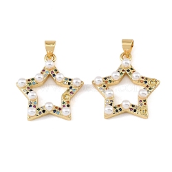 Brass Micro Pave Colorful Cubic Zirconia Pendants, with ABS Imitation Pearl, Star Charms, Golden, 24x22x5mm, Hole: 5x3mm(CU-CBA9175-31G)