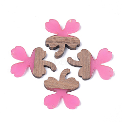 Resin & Walnut Wood Pendants, Clover, Hot Pink, 37x28.5x3.5~4mm, Hole: 2mm(RESI-S358-58B)