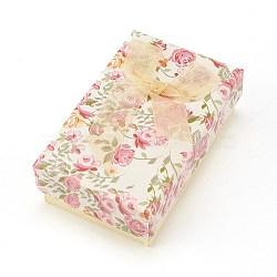 Flower Pattern Cardboard Jewelry Packaging Box, 2 Slot, For Ring Earrings, with Ribbon Bowknot and Black Sponge, Rectangle, Pale Goldenrod, 8x5x2.6cm(X3-CBOX-L007-003C)