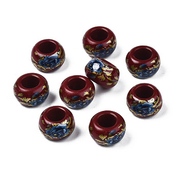 Flower Printed Opaque Acrylic Rondelle Beads, Large Hole Beads, Dark Red, 15x9mm, Hole: 7mm
